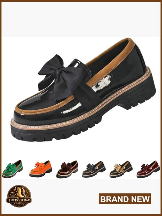 Shoes - Patent Leather Bowknot Chunky Platform Loafers Lug Sole
